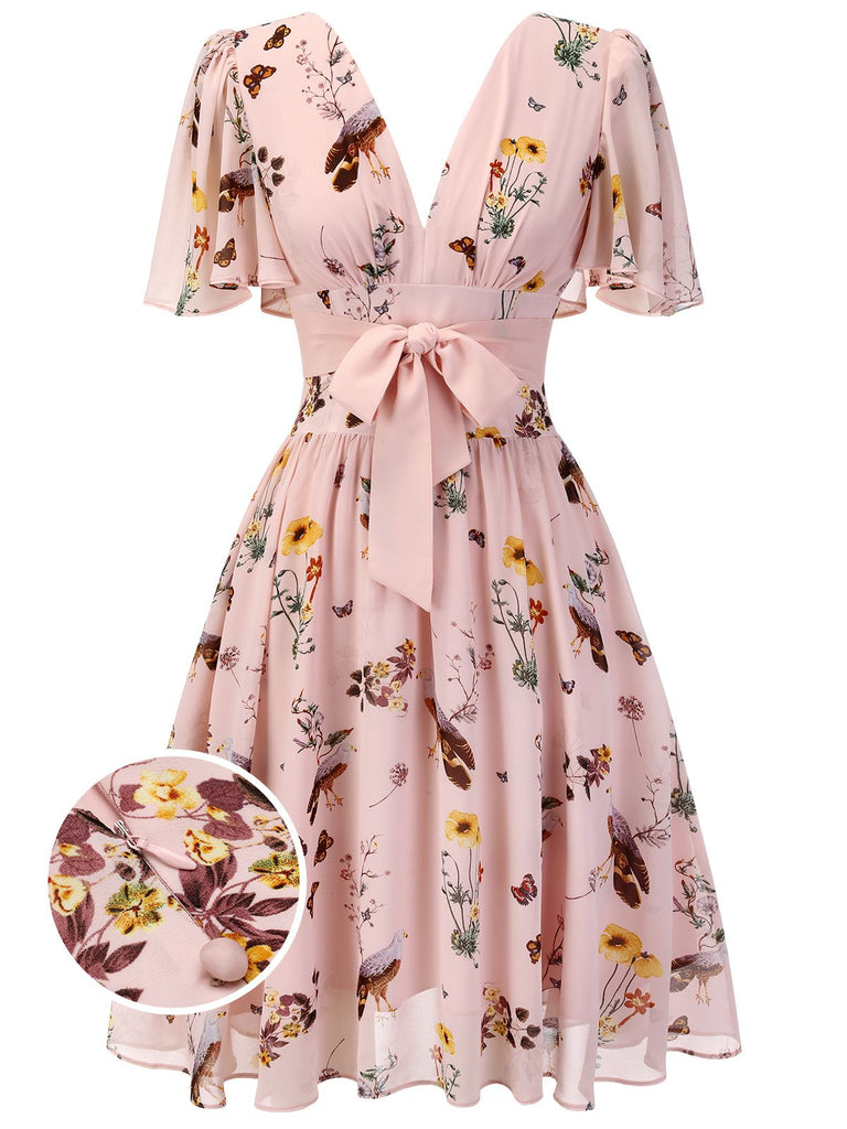 [Pre-sale] Pink Flowers And Birds Bowknot V-Neck Dress