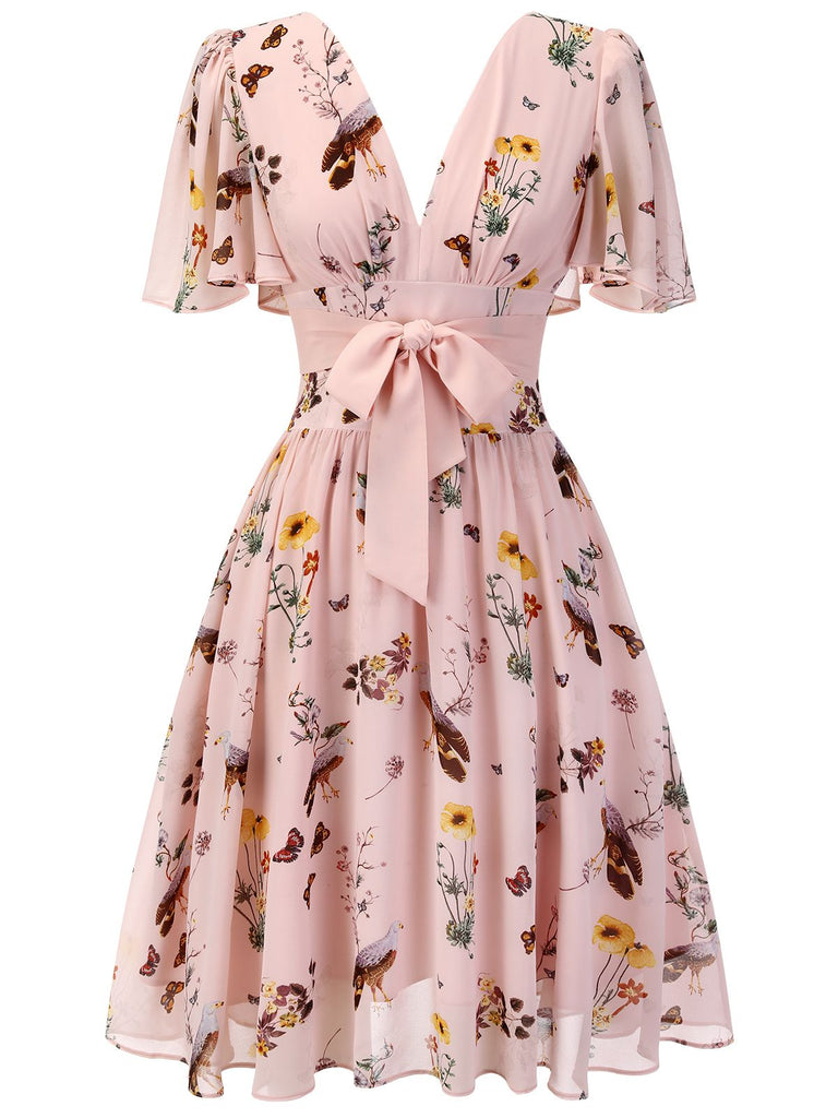 [Pre-sale] Pink Flowers And Birds Bowknot V-Neck Dress