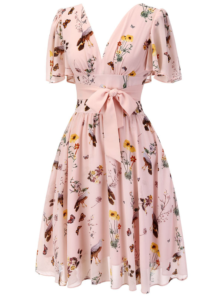 [Pre-sale] Pink Flowers And Birds Bowknot V-Neck Dress