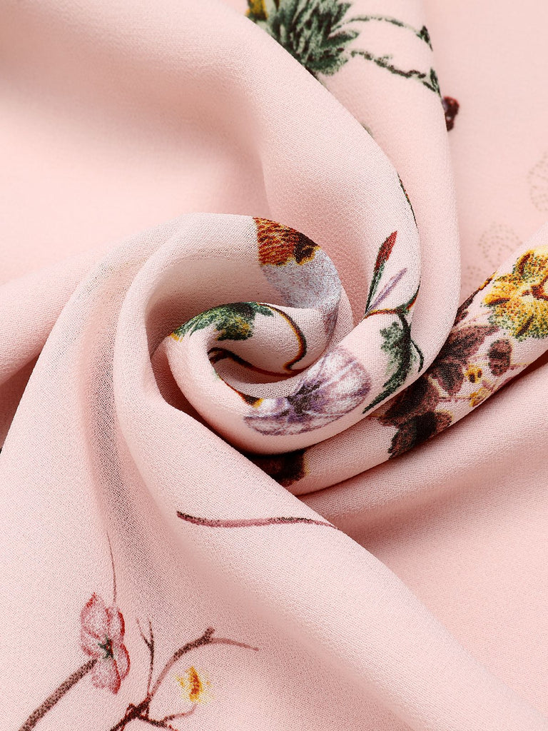 [Pre-sale] Pink Flowers And Birds Bowknot V-Neck Dress