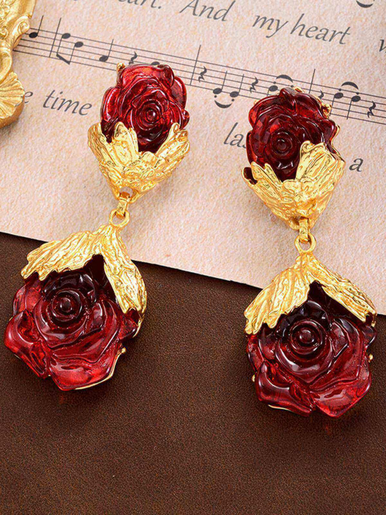 Wine Red Rose Gold Dangle Earrings