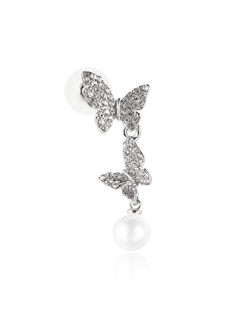 Butterfly Diamond Pearl Asymmetric Earrings