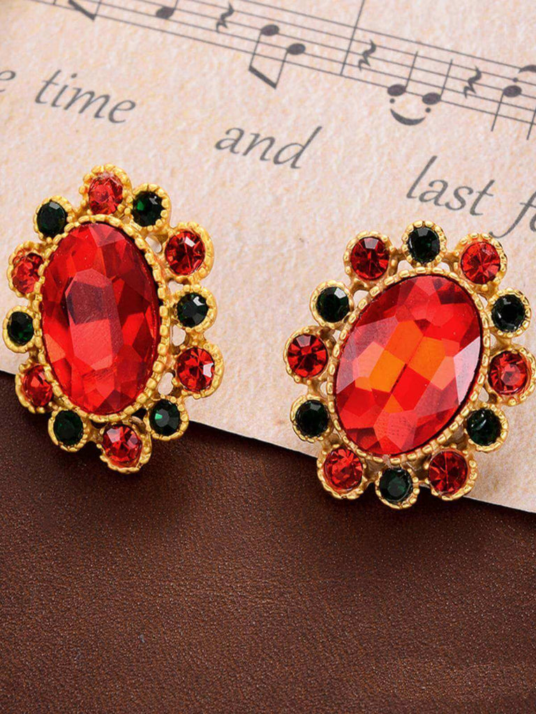 Red & Green Ruby Faceted Rehinestone Ear Studs