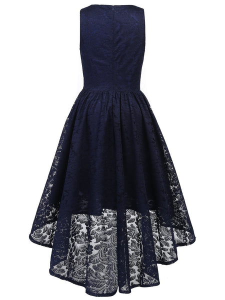 navy floral high low dress with open back