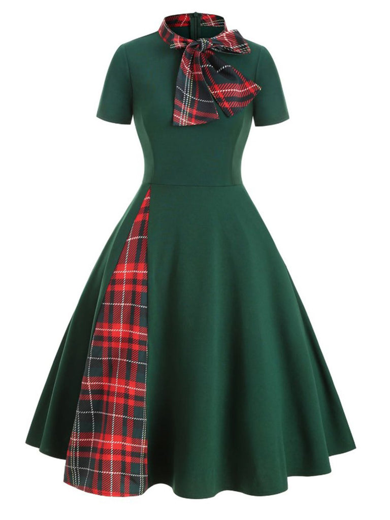 1950s Plaid Patchwork Bow Swing Dress