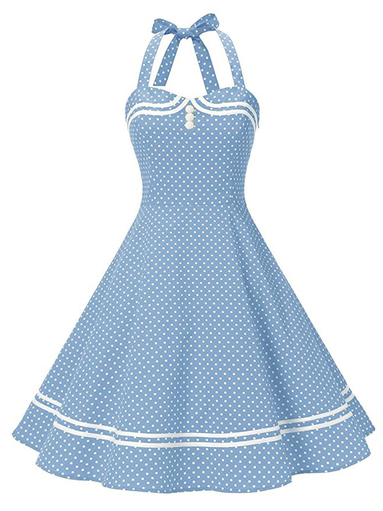 Blue 1950s Polka Dot Halter Swing Dress