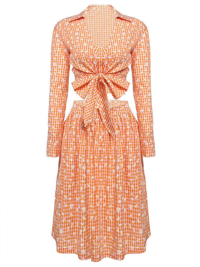 3PCS Orange 1950s Daisy Plaids Top & Skirt