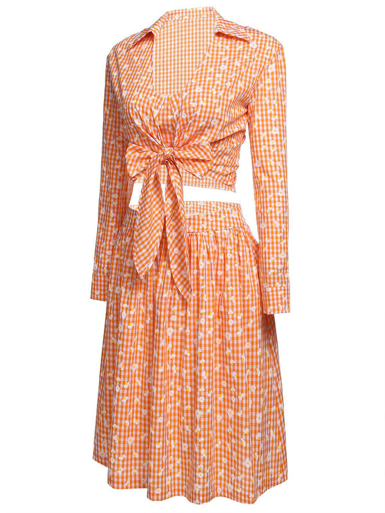 3PCS Orange 1950s Daisy Plaids Top & Skirt