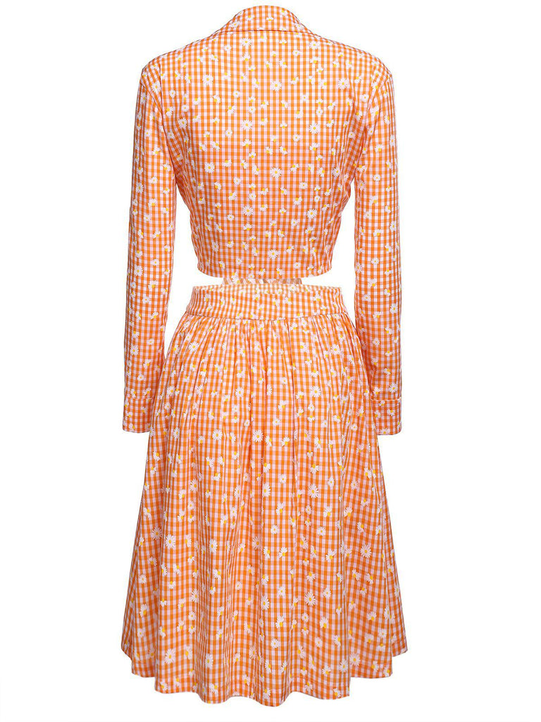 3PCS Orange 1950s Daisy Plaids Top & Skirt