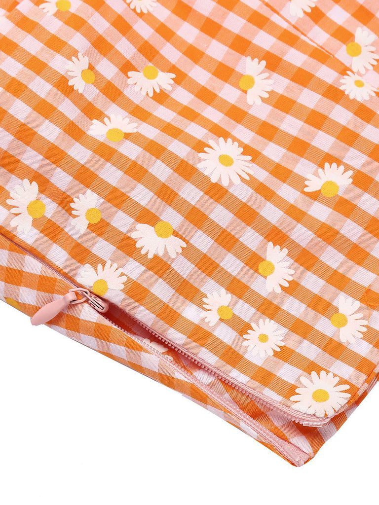 3PCS Orange 1950s Daisy Plaids Top & Skirt