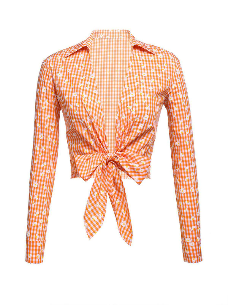 3PCS Orange 1950s Daisy Plaids Top & Skirt