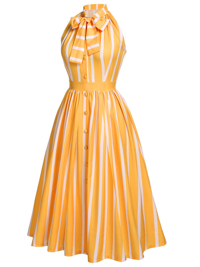 Orange 1950s Stripes Bow Swing Dress