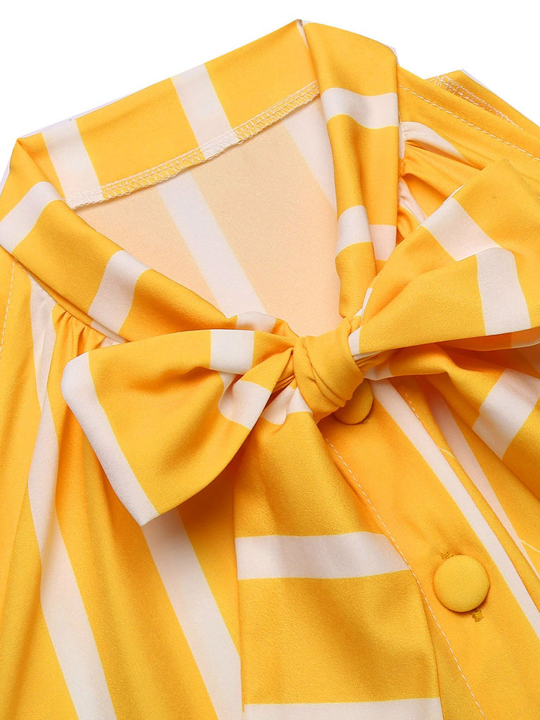 Orange 1950s Stripes Bow Swing Dress