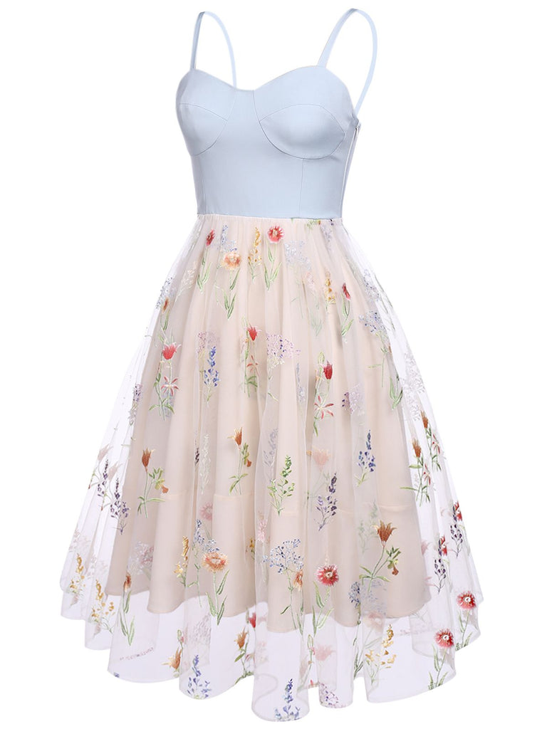 Blue 1950s Floral Embroidery Swing Dress