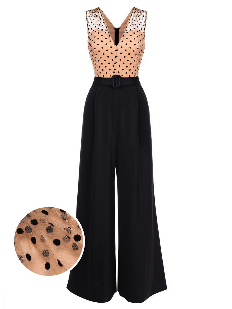 Black 1930s Polka Dot Patchwork Belt Jumpsuit