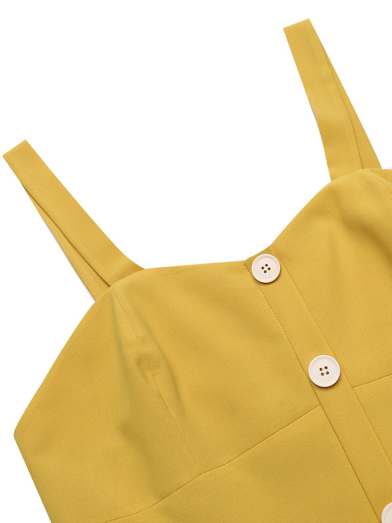 Yellow 1950s Spaghetti Strap Button Romper