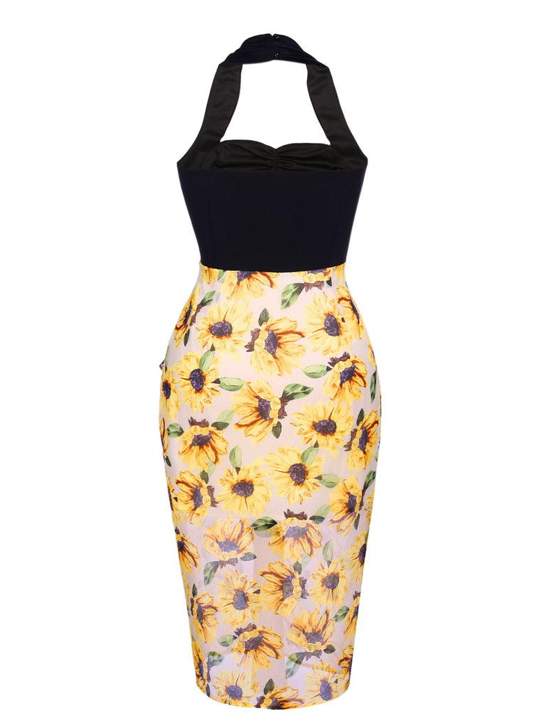 Black 1960s Halter Sunflower Pencil Dress