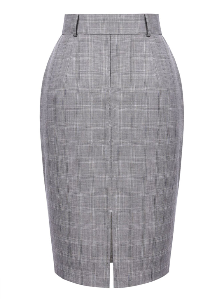 Gray 1960s Plaid Belt Pencil Skirt