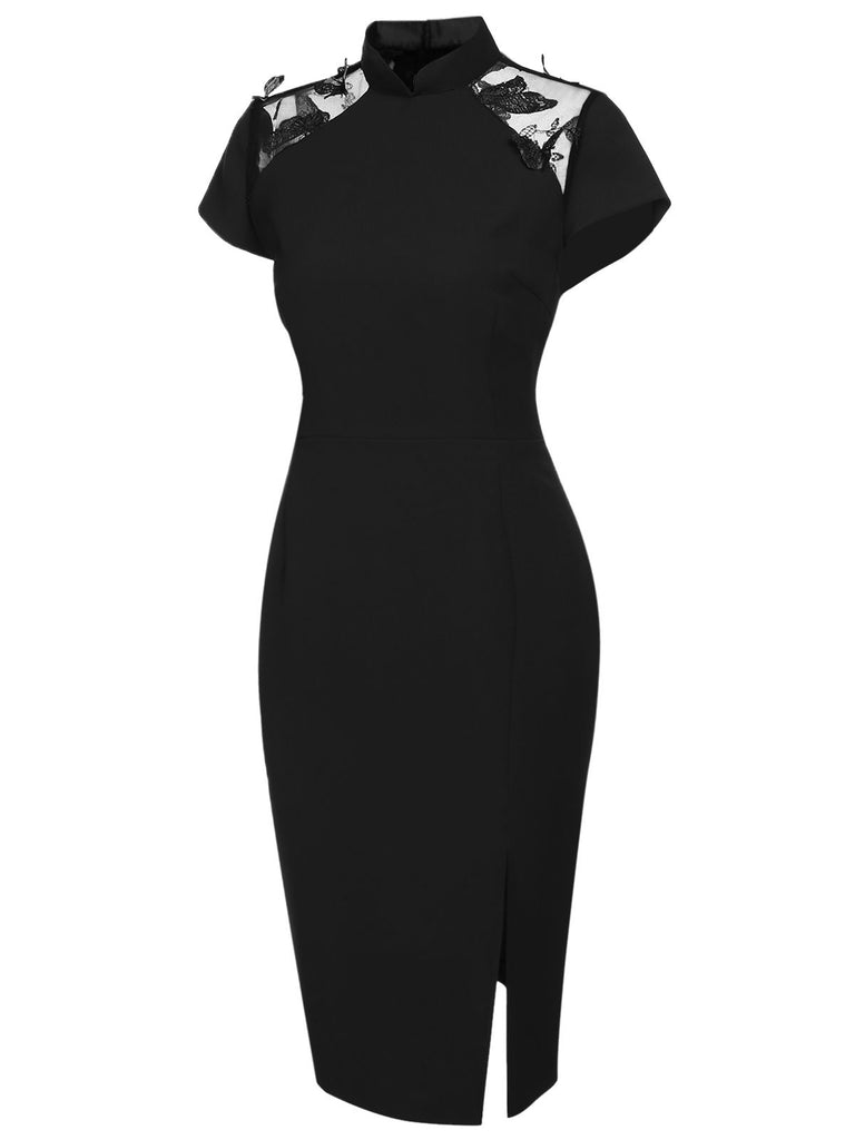 Black 1960s Butterfly Backless Pencil Dress