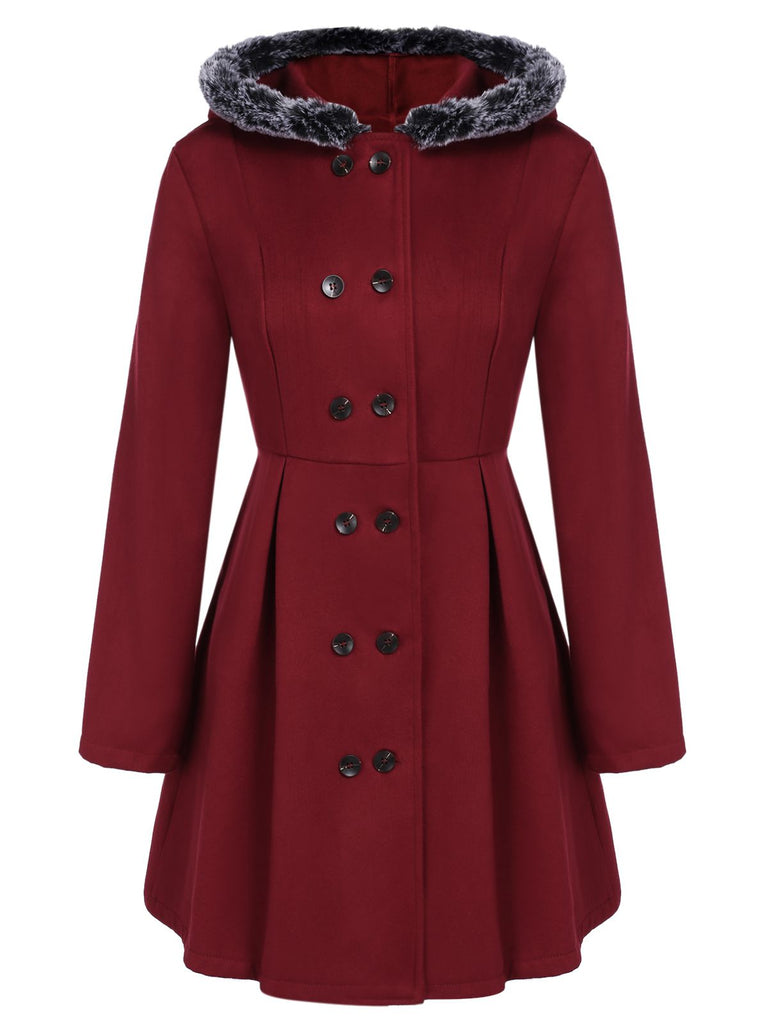 Wine Red 1950s Fur Collar Hooded Coat