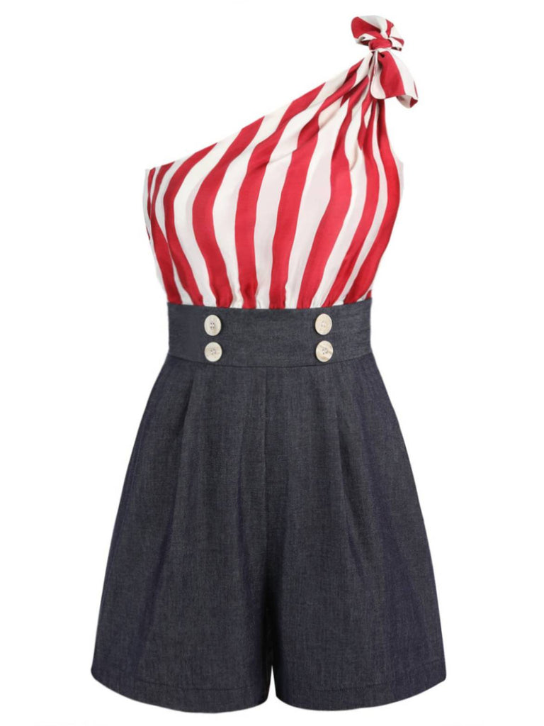 Red 1950s Stripe Patchwork Independence Day Romper