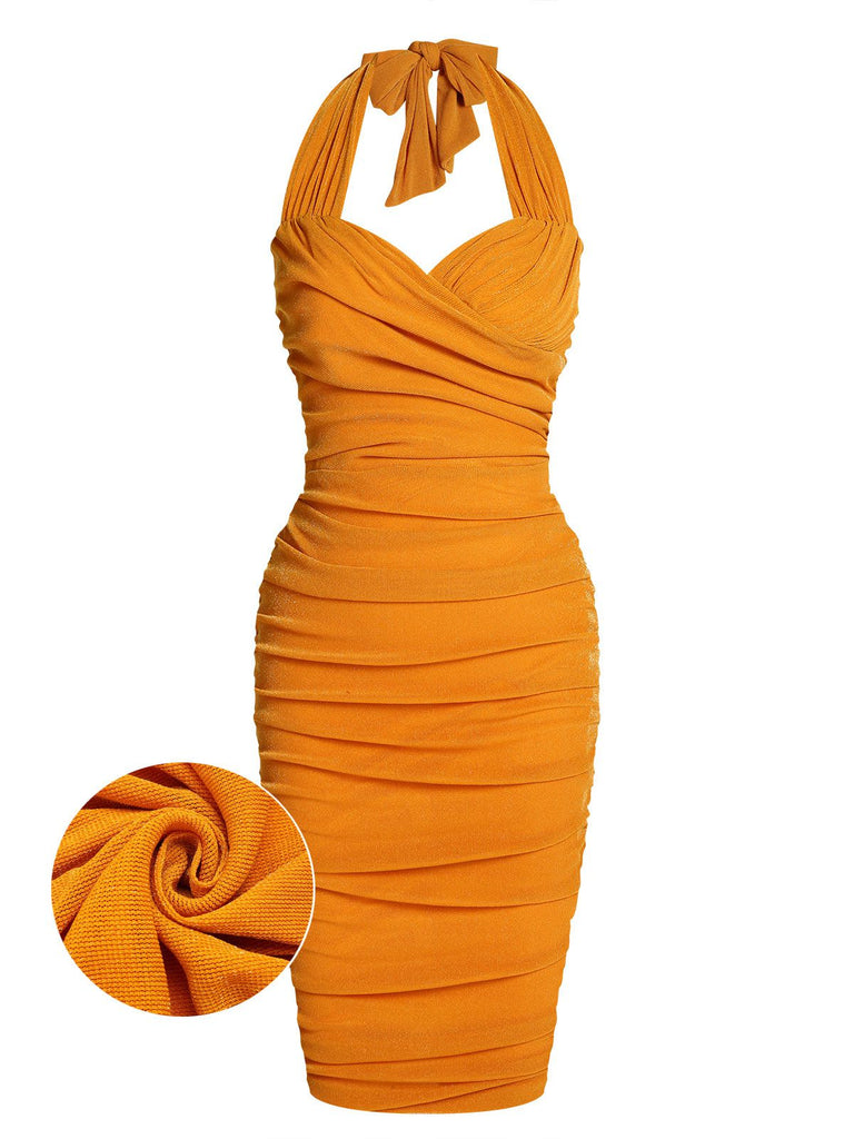 Orange 1960s Solid Folds Halter Pencil Dress