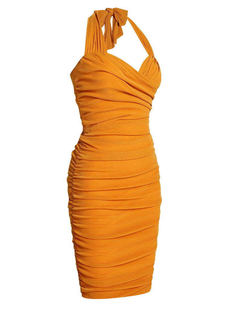 Orange 1960s Solid Folds Halter Pencil Dress