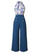 Blue 1930s Butterfly Patchwork Halter Lace-Up Jumpsuit