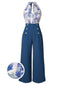 Blue 1930s Butterfly Patchwork Halter Lace-Up Jumpsuit