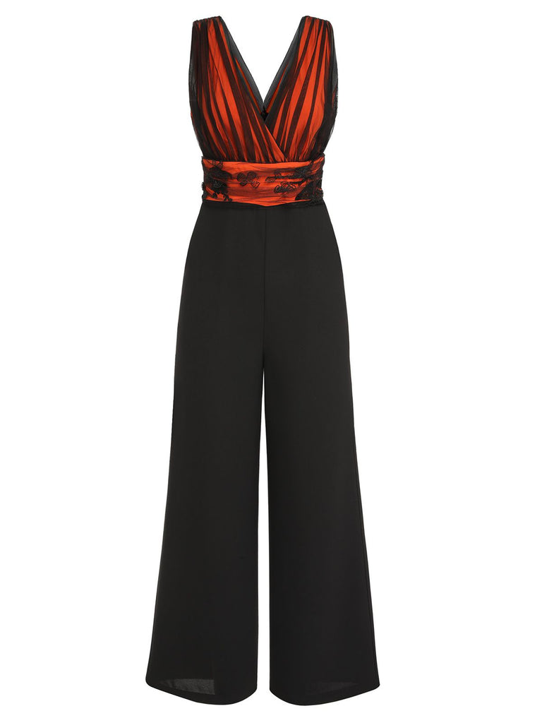 Orange 1930s Butterfly V-Neck Patchwork Jumpsuit