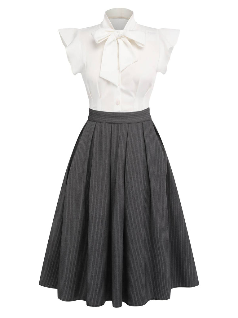 White & Gray 1950s Lace-Up Swing Dress