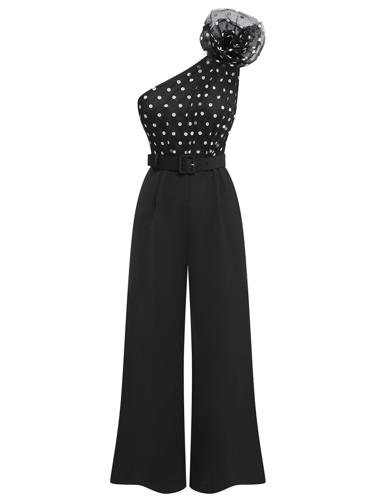 Black 1930s Polka Dots Patchwork Jumpsuit