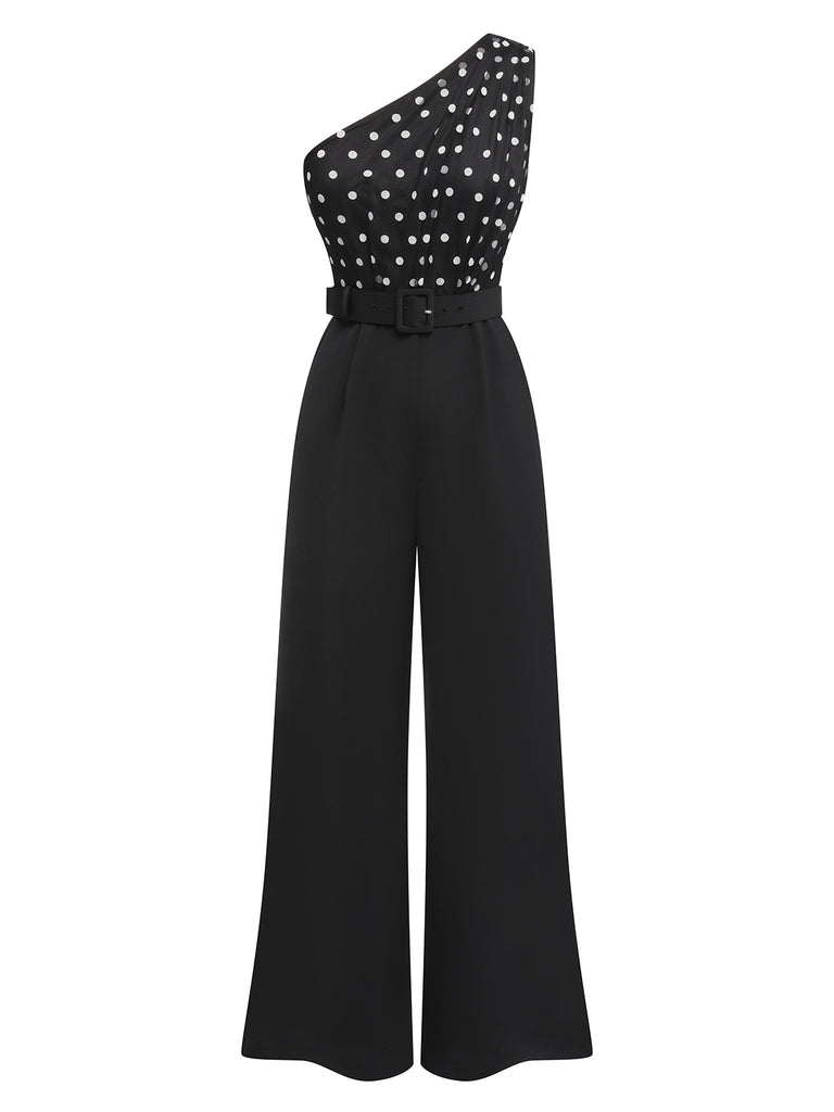 Black 1930s Polka Dots Patchwork Jumpsuit