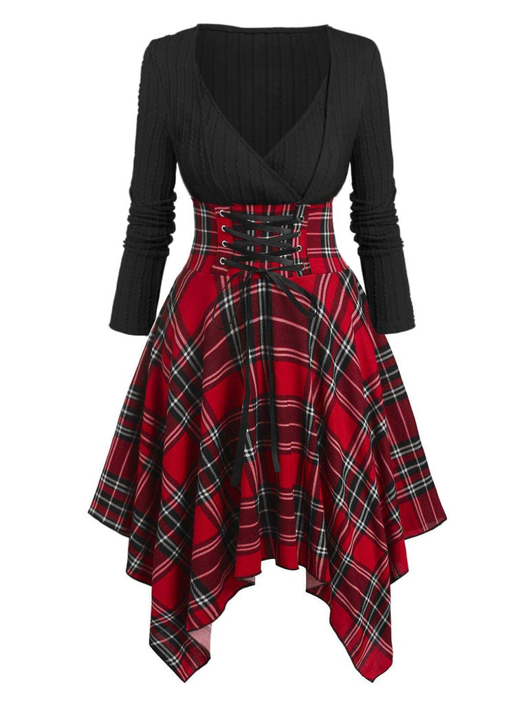 Red 1950s Plaid Lace-Up Swing Dress