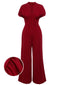 Wine Red 1930s V-neck Solid Wrap Jumpsuit