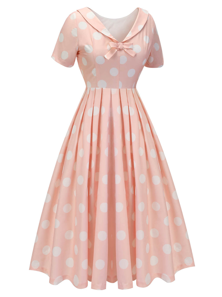 Peach Pink 1940s Dot Short Sleeves Dress
