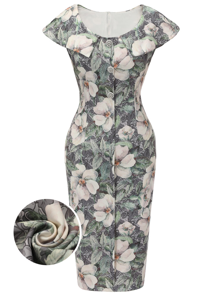 1950s Floral Lapel Single Breasted Pencil Dress