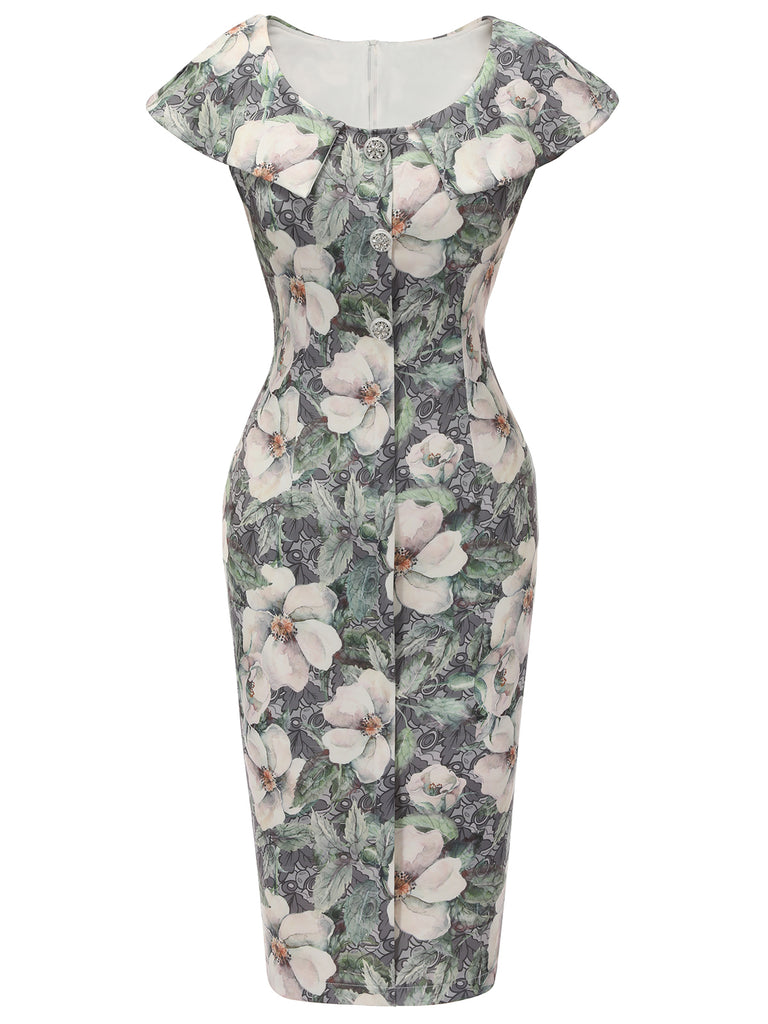 1950s Floral Lapel Single Breasted Pencil Dress
