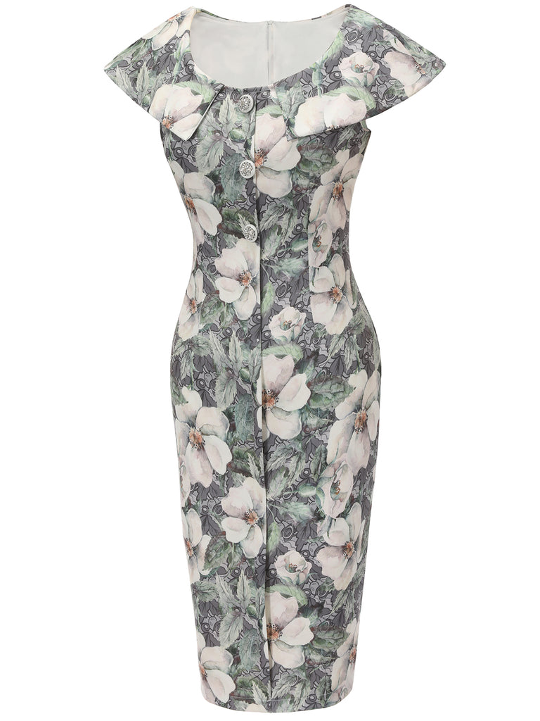 1950s Floral Lapel Single Breasted Pencil Dress