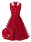 Red 1950s Buttons Lapel Patchwork Dress