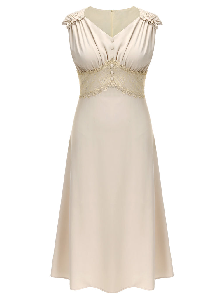 Beige 1930s V-Neck Lace Splicing Dress