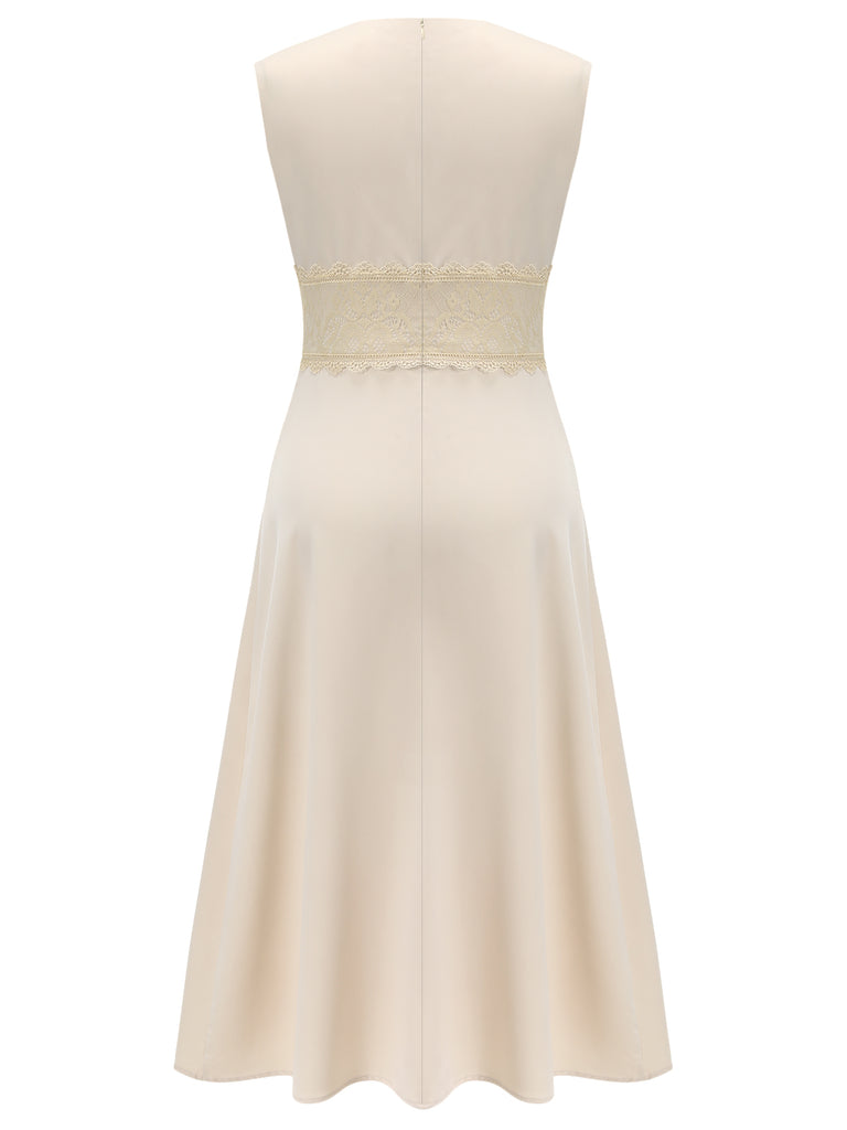 Beige 1930s V-Neck Lace Splicing Dress