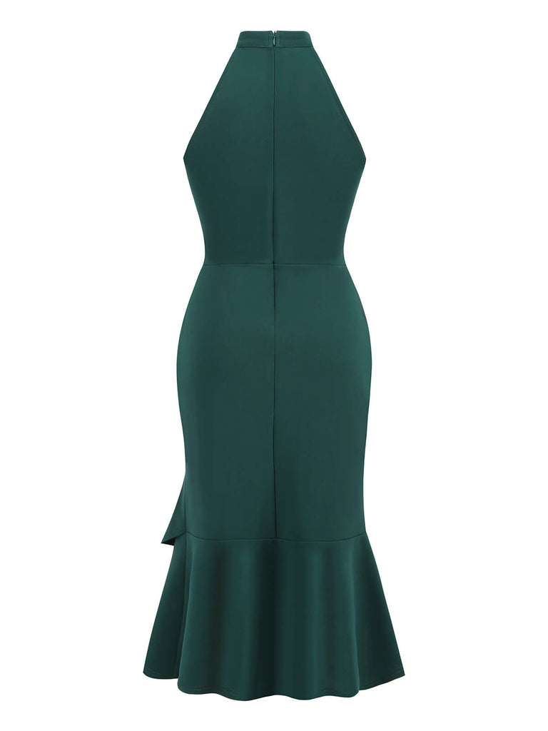 1950s Solid Fishtail Halter Sleeveless Dress