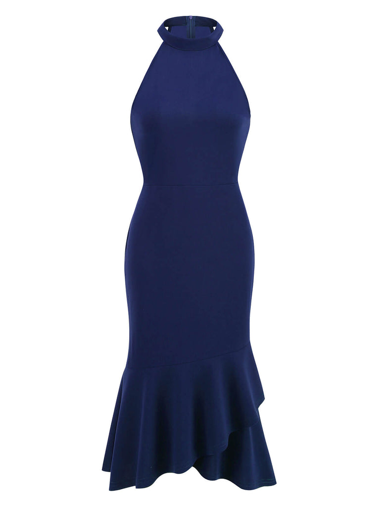 1950s Solid Fishtail Halter Sleeveless Dress