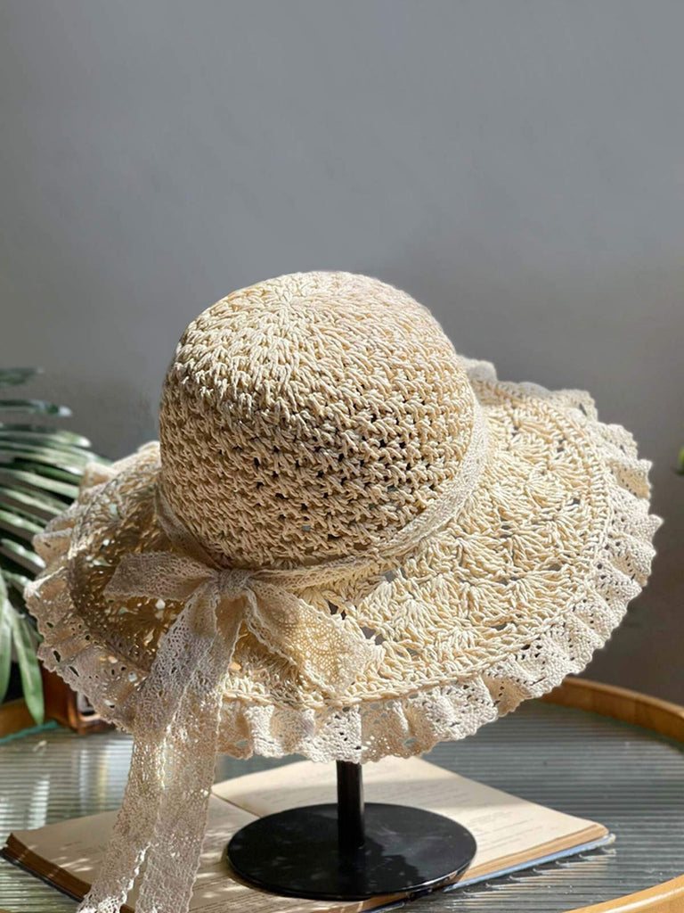 Pale Pink Hand-made Lace Bow Sun Hat