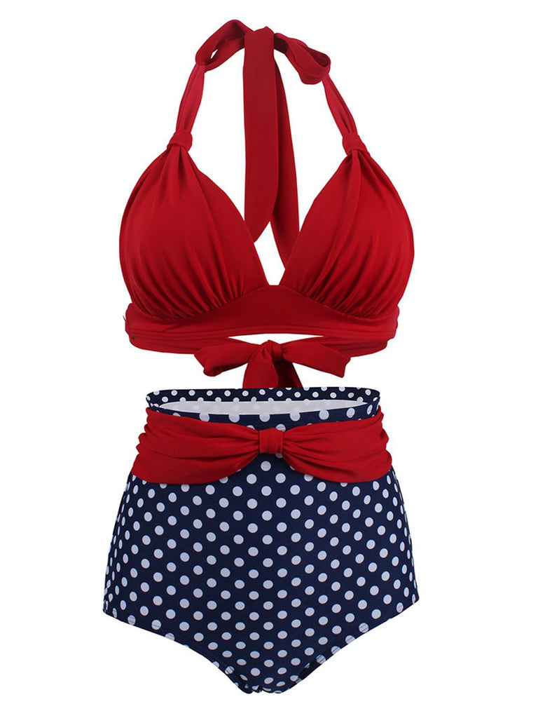 1950s Polka Dot Pleated Halter Bikini