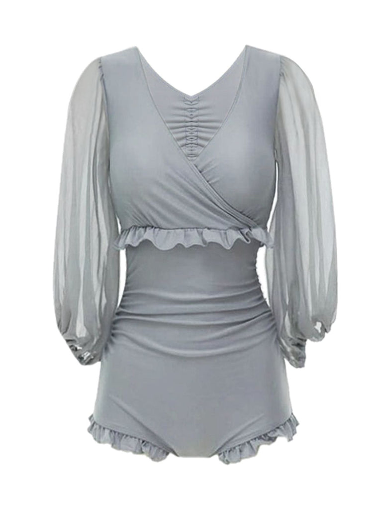 Retro 1940s Gray Puff Sleeve Swimsuit