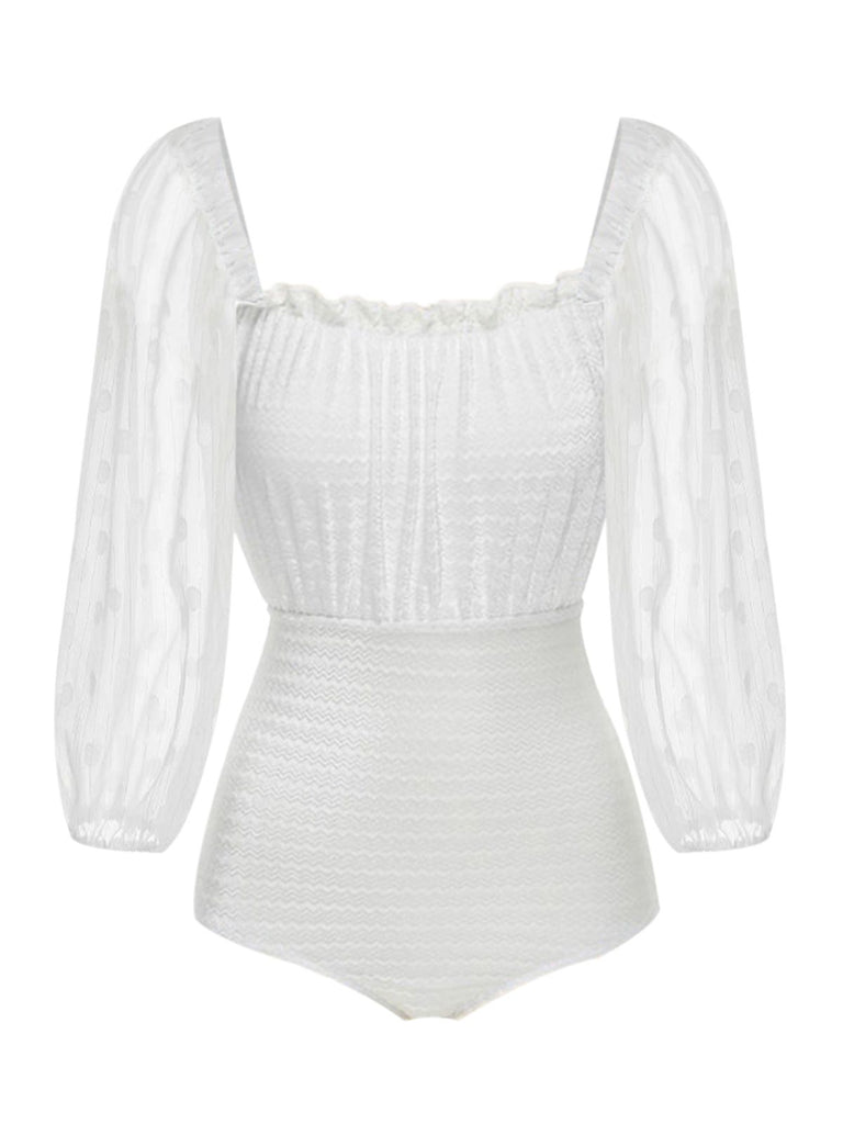 1950s Retro White Puff Sleeve Swimsuit