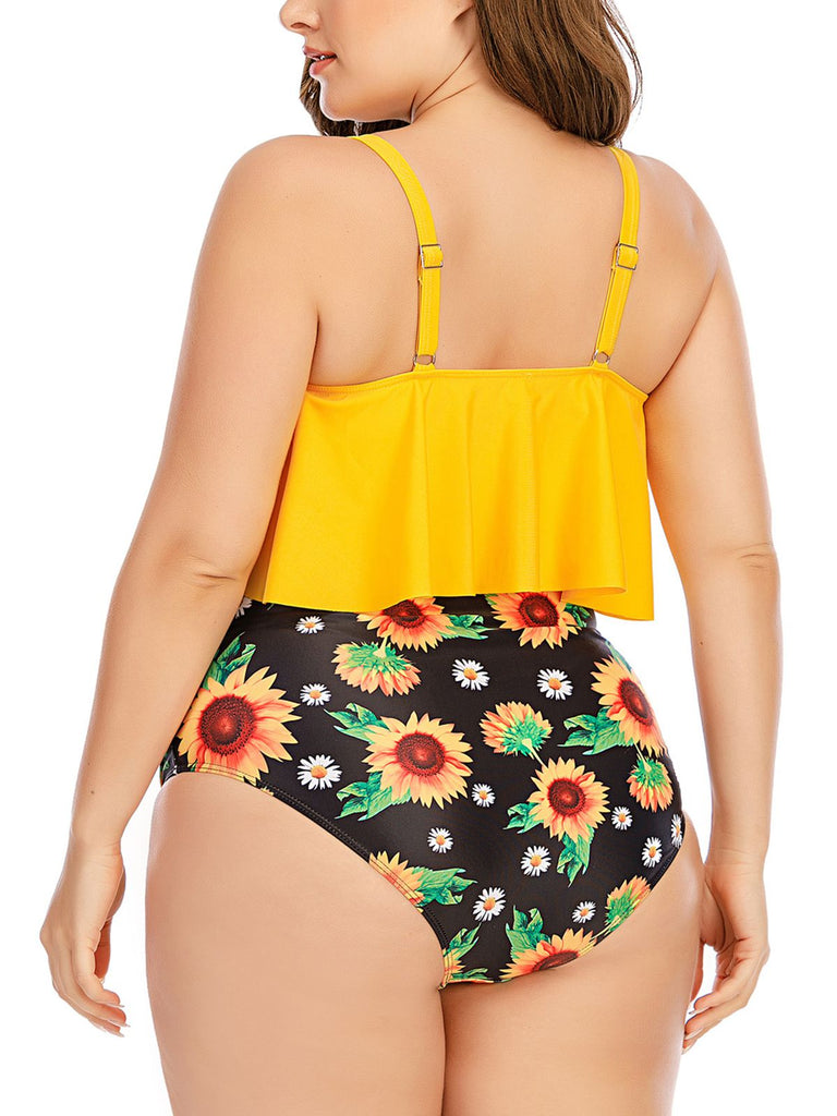 [Plus Size] 1950s Sunflowers Tankini Set