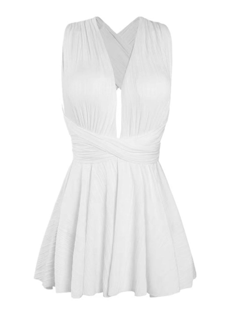 White 1930s Backless Pleated Skirted Swimsuit